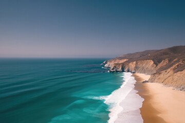 Obraz premium Tranquil coastline blends azure waves with golden sands under cl