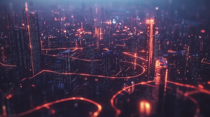 Fototapeta premium Smart digital Innovation city with connection network reciprocity over the twilight cityscape. of future smart wireless digital city and social media networking systems that connects people with city 