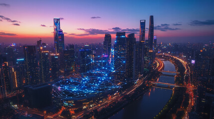 Fototapeta premium Smart digital Innovation city with connection network reciprocity over the twilight cityscape. of future smart wireless digital city and social media networking systems that connects people with city 