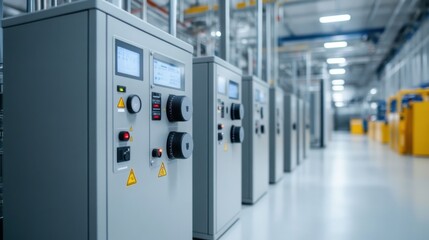 Naklejka premium Industrial Control Panels in Modern Factory Environment Featuring Advanced Technology and Efficient Design