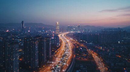 Fototapeta premium Smart digital Innovation city with connection network reciprocity over the twilight cityscape. of future smart wireless digital city and social media networking systems that connects people with city 