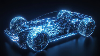 Naklejka premium Hyper-detailed holographic display of a futuristic vehicle blueprint, floating mid-air, glowing neon beams illuminating mechanical parts