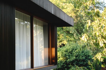 Modern architectural design showcasing a sleek window framed by natural greenery in a serene outdoor setting during daytime