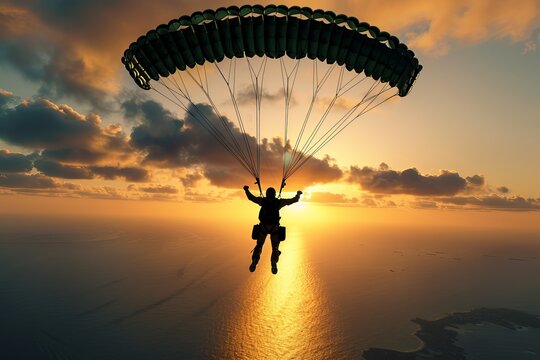 A male parachutist descending against a stunning sunset backdrop, with golden clouds and shimmering ocean waves reflecting the vibrant hues of the sky.