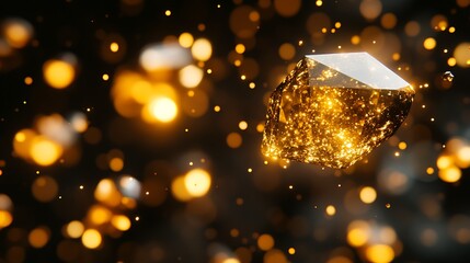 A surreal digital design of floating glowing crystals with intricate surface details.