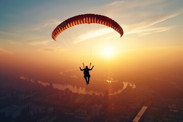 A silhouette of a male parachutist gliding gracefully through the sunset sky, with vibrant orange and blue hues illuminating the horizon.