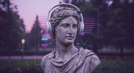 Obraz premium Ancient statue with headphones in futuristic digital landscape