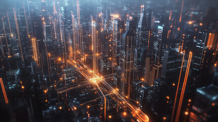 Fototapeta premium Smart digital Innovation city with connection network reciprocity over the twilight cityscape. of future smart wireless digital city and social media networking systems that connects people with city 