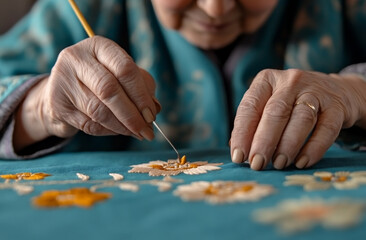 A close-up of an elderly woman in traditional Kazakh attire embroidering a colorful shapan (decorative robe)