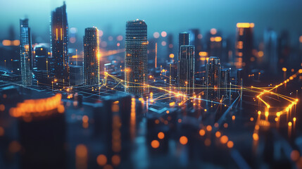 Fototapeta premium Smart digital Innovation city with connection network reciprocity over the twilight cityscape. of future smart wireless digital city and social media networking systems that connects people with city 