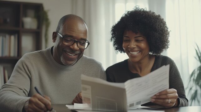 Mature smiling couple sitting and managing expenses at home. Happy mid black man and woman paying bills and managing budget. Middle aged african american couple checking accountancy and bills. - Powered by Adobe