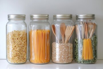 Natural materials for a zero waste lifestyle. Glass jars filled with pasta, grains, and wooden utensils on a shelf.
