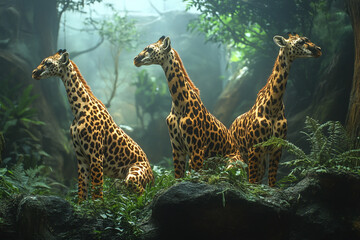 Obraz premium Three Reticulated Giraffes Resting in Lush Green Foliage