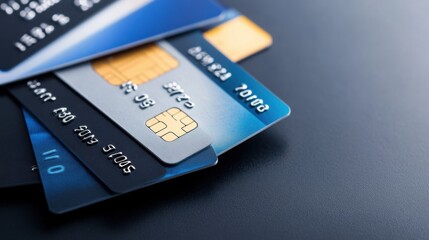 Close-Up View of Multiple Credit Cards on Dark Surface with Shallow Depth of Field for Financial Themes