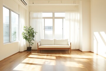 Obraz premium Sunny room, hardwood floor, sofa, plant, city view, minimal design, bright interior, rental space