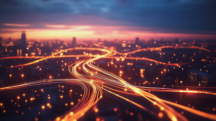 Smart digital Innovation city with connection network reciprocity over the twilight cityscape. of future smart wireless digital city and social media networking systems that connects people with city
