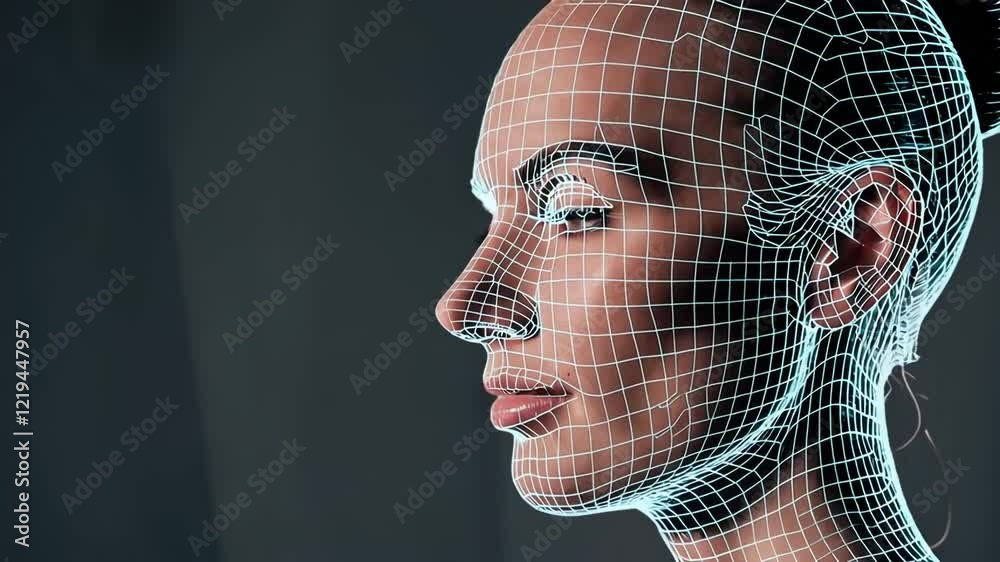 Poster Biometric recognition system digitally mapping female facial features, creating intricate wireframe mesh for advanced security identification and authentication purposes
