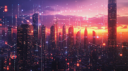 Obraz premium Smart digital Innovation city with connection network reciprocity over the twilight cityscape. of future smart wireless digital city and social media networking systems that connects people with city 