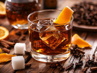 Photorealistic Old Fashioned cocktail on a rustic bar with warm lighting and luxurious details.