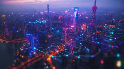 Obraz premium Smart digital Innovation city with connection network reciprocity over the twilight cityscape. of future smart wireless digital city and social media networking systems that connects people with city 