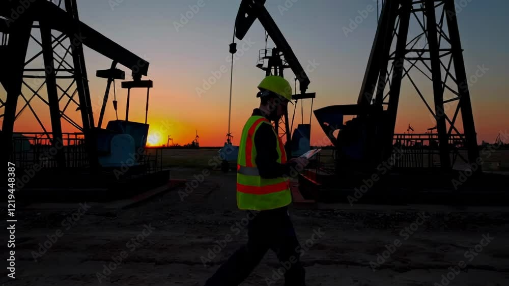 Poster Engineer in protective gear walking through oil field at sunset, carefully inspecting pump jacks using tablet while analyzing operational data and monitoring industrial extraction processes