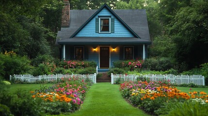 A serene representation of a cozy suburban home surrounded by a manicured lawn