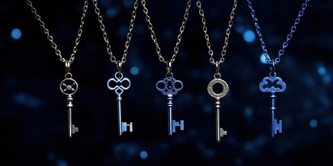 Elegant Vintage Keys Hanging on Chains Against a Dark Background