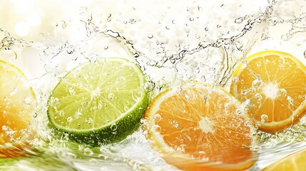 Vibrant Oranges and Limes Creating Dynamic Splash in Clear Water Capturing the Essence of Freshness and Juiciness in a Colorful and Invigorating Natural Scene of Citrus Fruit