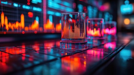 A series of translucent, vertical display panels stand on a sleek surface,