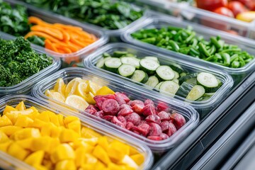 Natural materials for a zero waste lifestyle. Freshly cut vegetables and fruits in organized trays on display.