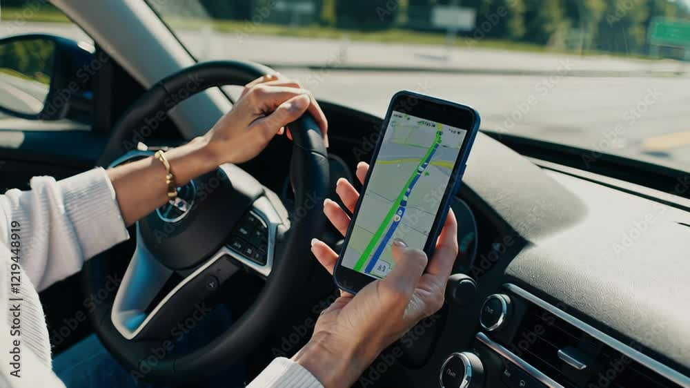 Poster woman driving car while navigating with smartphone gps app, gripping steering wheel and checking dig
