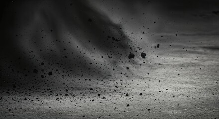 Dramatic burst of black particles in motion against a dark background