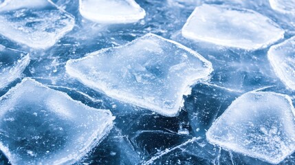 Ice Cubes on a Cold Surface in Clear Water Background