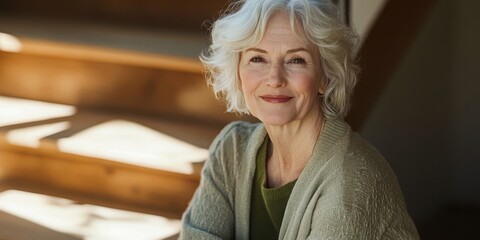 Portrait of a smiling senior woman with gray hair in soft natural light indoors