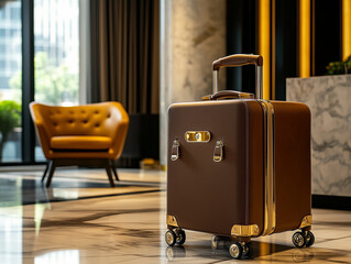 High-end leather-finish trolley in a stylish hotel lobby with golden accents.