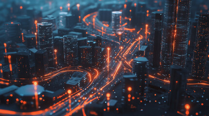 Obraz premium Smart digital Innovation city with connection network reciprocity over the twilight cityscape. of future smart wireless digital city and social media networking systems that connects people with city 