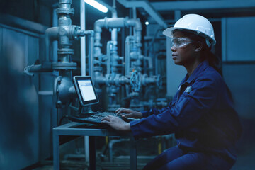Engineer wearing safety gear working on a computer in a dimly lit industrial environment surrounded by intricate pipes and machinery.