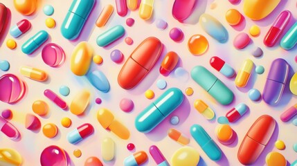 Colorful capsules and pills are arranged in a vibrant pattern, showcasing various shapes and sizes against a bright, playful background.