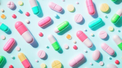 Colorful assortment of pills and capsules on a white surface.