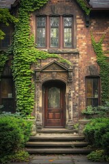 Fototapeta premium Historic brick house overgrown with ivy showcasing intricate architectural details in a serene neighborhood during autumn
