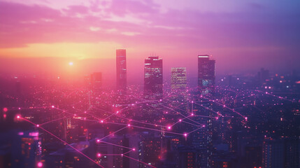 Smart digital Innovation city with connection network reciprocity over the twilight cityscape. of future smart wireless digital city and social media networking systems that connects people with city
