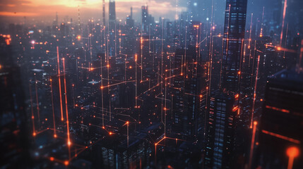 Fototapeta premium Smart digital Innovation city with connection network reciprocity over the twilight cityscape. of future smart wireless digital city and social media networking systems that connects people with city 