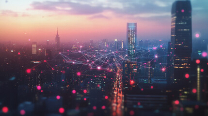Fototapeta premium Smart digital Innovation city with connection network reciprocity over the twilight cityscape. of future smart wireless digital city and social media networking systems that connects people with city 