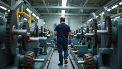 Fototapeta premium Focused factory worker operating machinery in industrial setting, productivity