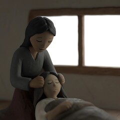 Obraz premium A Mother Tenderly Cares for Her Sick Child in a Quiet Room