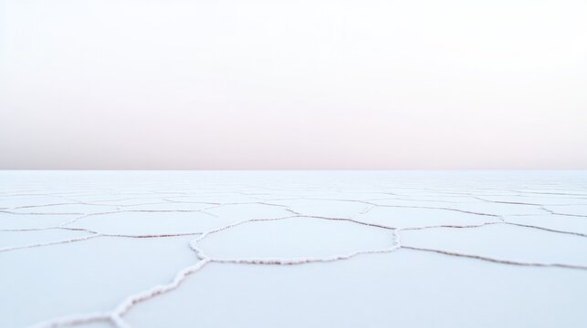 Endless expanse of cracked ice under soft pastel sky creates ser