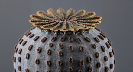 Close-up of dried poppy seed pod on grey background highlighting texture and detail