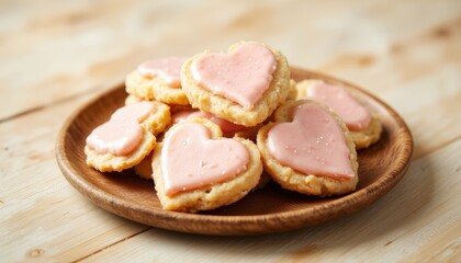 Heart-shaped cookies with pink icing on wooden plate