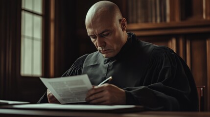 Serious male judge in traditional robe reading legal document in courtroom setting