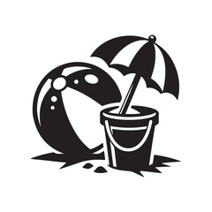  Beach ball and sand bucket silhouette vector clipart  illustration black color design and solid white background 